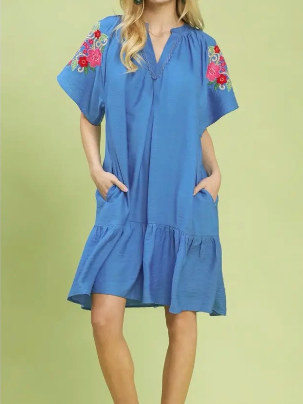 Umgee Blue Embroidered Shoulder Dress